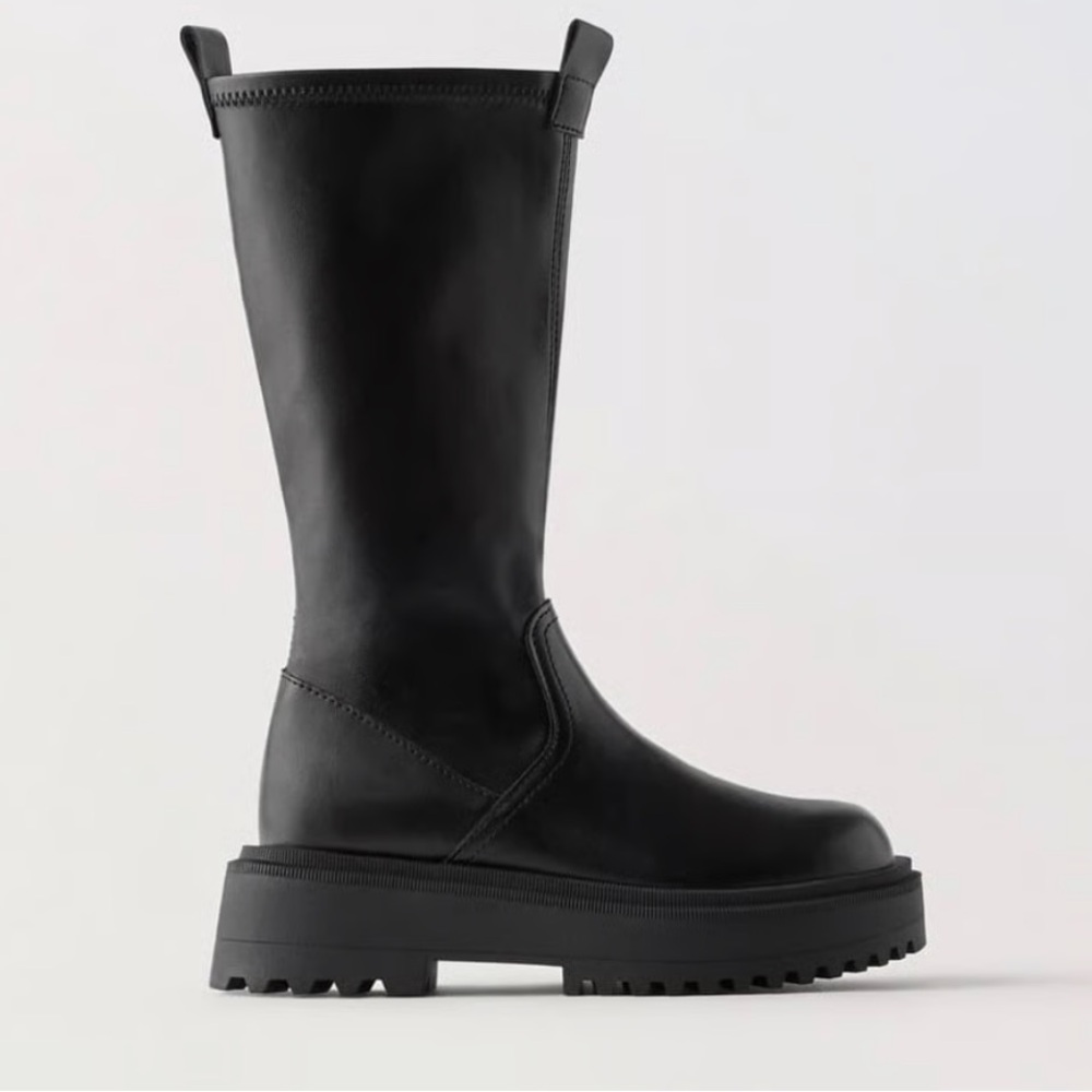 Zara treaded knee high boots Black Patent Combat Boots